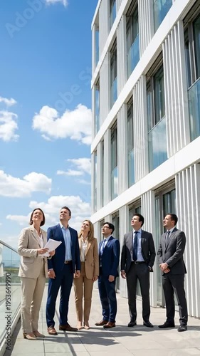 Wallpaper Mural Diverse business professionals in suits admire modern office building exterior on sunny day Torontodigital.ca