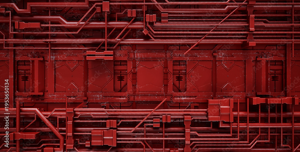 Naklejka premium Red industrial sci-fi metal panel texture 3D render illustration