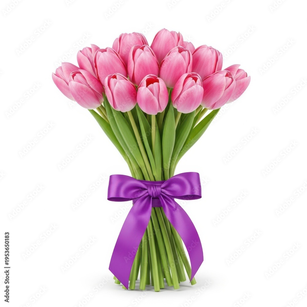 Fototapeta premium Beautiful bouquet of pink tulips tied with a purple ribbon