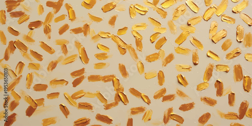 Golden rice grains scattered on a light background, macro view of uncooked rice, food ingredient, healthy eating, vegetarian, natural texture, abstract pattern, close-up, carbohydrate, organic, uncook