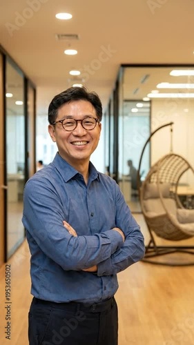 Wallpaper Mural Confident Asian businessman smiling with arms crossed in modern office Torontodigital.ca