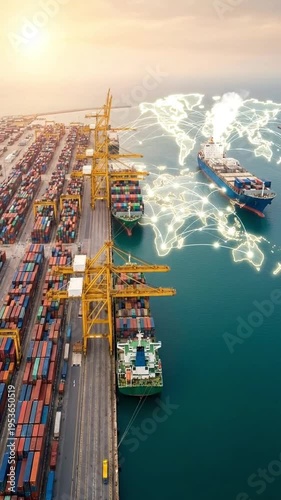 Wallpaper Mural Global shipping port with interconnected world map overlay, symbolizing international trade and logistics Torontodigital.ca