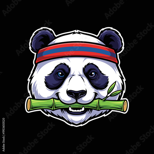 Fierce panda head wearing red and blue headband biting green bamboo stick, powerful animal mascot logo design isolated on black background vector.