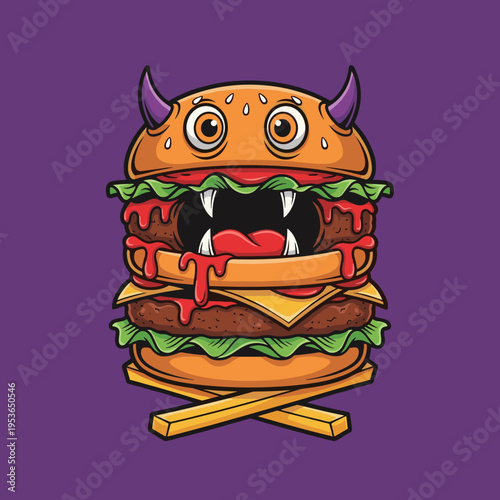 Monster burger character with fangs and horns with dripping sauce and crossed french fries, creative spooky fast food concept illustration on purple.