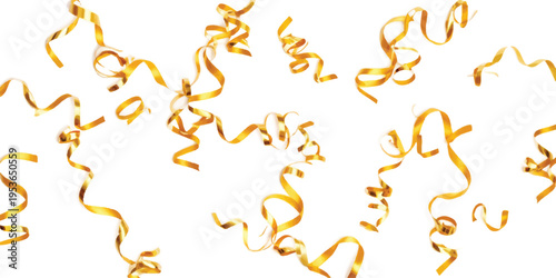Golden streamers and ribbons falling on white background, isolated festive celebration elements, birthday party decoration, holiday event, abstract pattern, new year