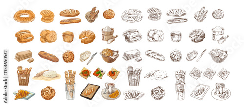 Hand drawn vintage bakery collection bread pastries croissant buns flour breakfast food color and monochrome illustration set