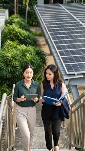 Wallpaper Mural Two women discuss project near solar panels and greenery, showcasing sustainable business and teamwork. Torontodigital.ca