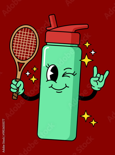 Retro cartoon style water bottle character holding a tennis racket and gesturing rock on sign with sparkles for fitness and sports motivation illustration.