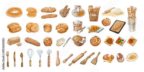 Hand drawn vintage bakery and kitchen set bread pastries breakfast food tools illustration collection