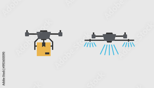 Industrial drone technology icons showing cargo delivery with package and agricultural spraying drone for modern logistic and farming automation concept.