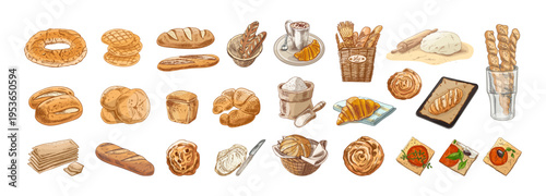 Hand drawn vintage bakery collection bread pastries croissant buns flour and breakfast food illustration set
