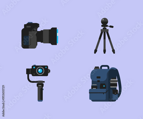 Photography and filmmaking equipment icons set featuring dslr camera tripod gimbal stabilizer and professional gear backpack flat vector