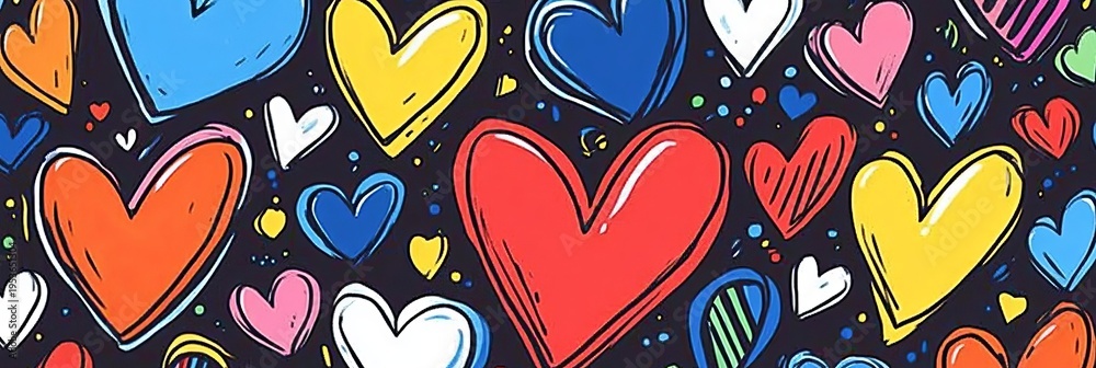 Naklejka premium Playful Hand-Drawn Hearts A Colorful and Vibrant Seamless Background in Cartoon Style Design