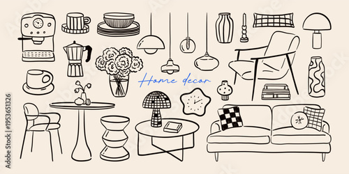 Set of hand-drawn trendy furniture and home decor in black color. Playful doodle line art silhouettes of interior design elements. Fun 70s outline chair, armchair, lamps, vases, mugs. Vector graphic