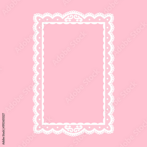 Ornate rectangular lace doily frame with scalloped edges and swirly details. White crochet border template for wedding invitation, card, label design. Vintage embroidery vector graphic