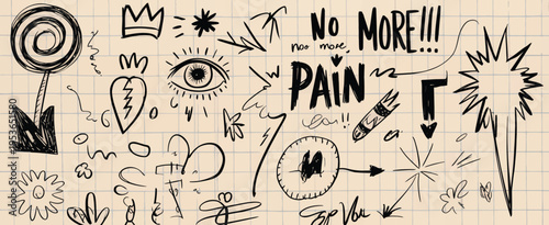 A black and white doodle collection featuring various abstract shapes and the phrase no more pain
