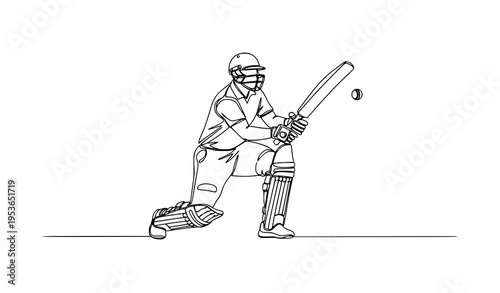 Minimal cricket player squatting catching ball line art vector illustration