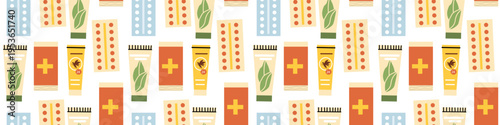 Trip first aid kit seamless pattern.Medical aid icon texture. Seamless pattern with repellent cream and pills, skin care cream.