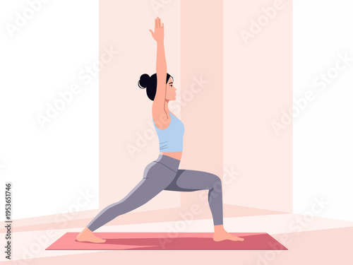 young woman practicing warrior yoga pose mat serene indoor