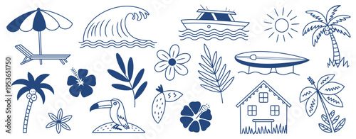 A collection of blue and white line tropical beach vacation including palm trees surfboards and beach houses