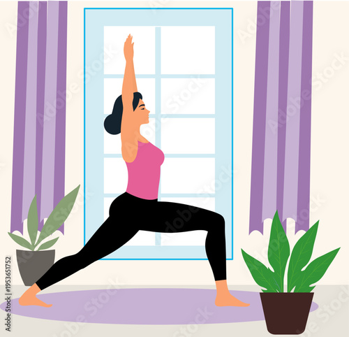 young woman practicing warrior yoga pose mat serene indoor