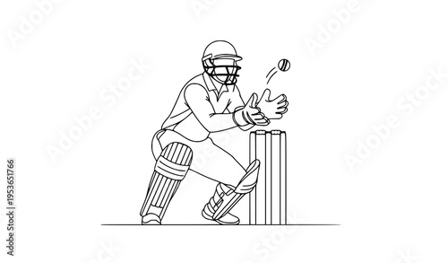 Cricket wicketkeeper catching ball behind stumps line art vector illustration