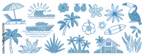 A collection of blue and white line tropical vacation including palm trees surfboards and beach houses