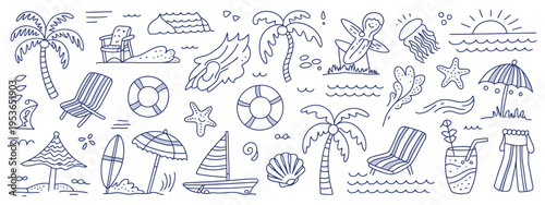 A collection of hand drawn beach and ocean in black and white line style line palm trees beach chair