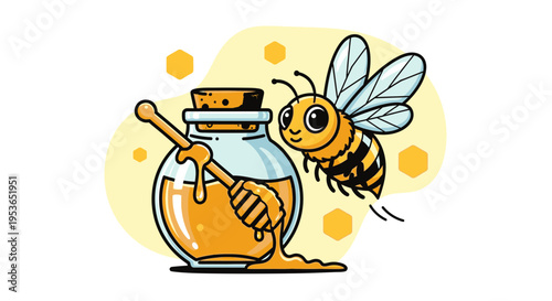 Bee next to honey jar.