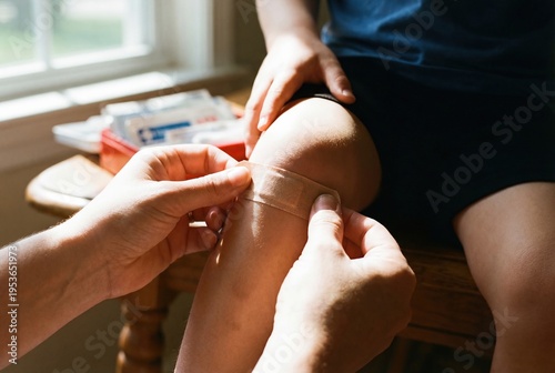 Adult hand applying adhesive bandage to child's scraped knee while sitting on wooden chair near window with first aid kit visible in the background