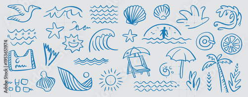 A collection of hand drawn blue beach and summer themed and seagull