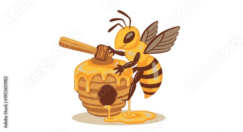 Bee on honeycomb with honey dripping.