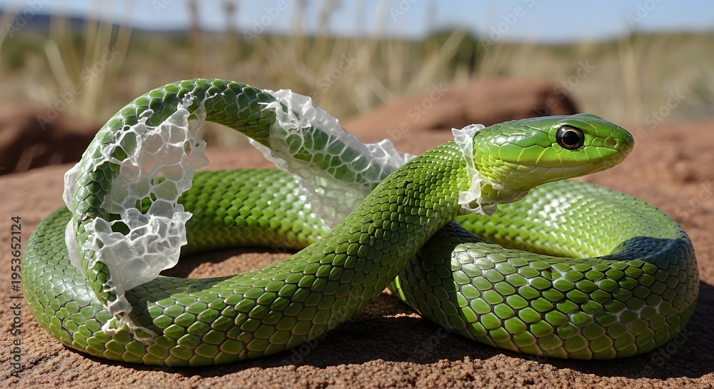 Fototapeta premium Green Snake Shedding Its Skin on a Rock
