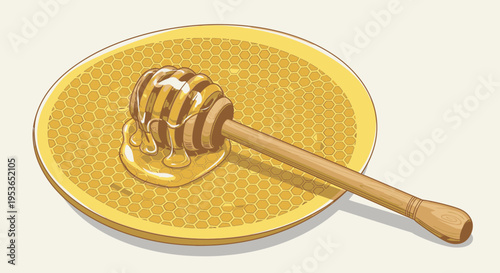 Honey dipper on a plate dripping.