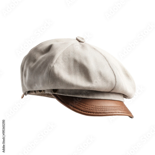 Gray tweed newsboy cap with a brown leather brim isolated on transparent background