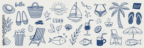 A collection of hand-drawn blue beach and summer-themed including sandals, a basket, a sailboat, fish, a wine glass, and a beach chair