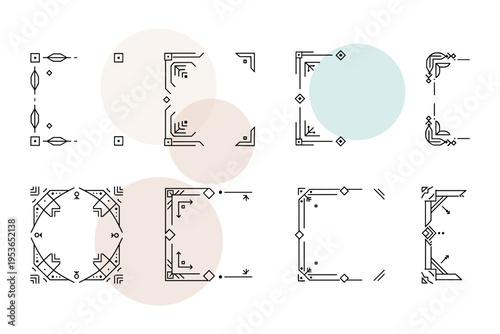 Vector set of minimal geometric corner brackets and thin borders. Clean outlines for technical drawings and professional business card decoration. Simple vector illustration.