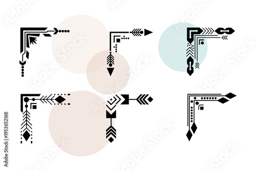 Vector set of elaborate tribal arrow corners and bohemian accents. Intricate ethnic patterns for cultural branding and artistic page dividers. Detailed vector illustration.