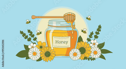 Honey jar with dipper and flowers.