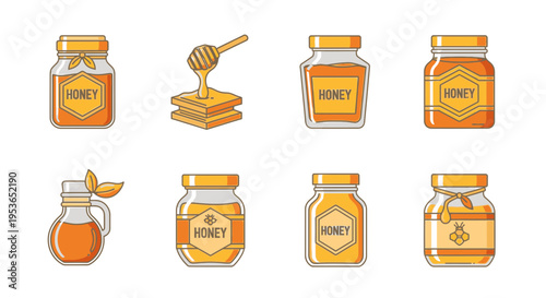 Honey jars with golden lids.