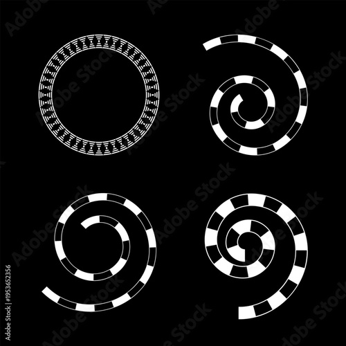Set of Abstract Spiral and Circle Design Elements on Black Background.