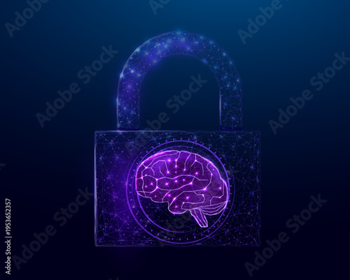 Human brain in padlock. Cyber mind concept with glowing low poly brain in lock on dark blue background. Wireframe low poly design. Abstract futuristic vector illustration.