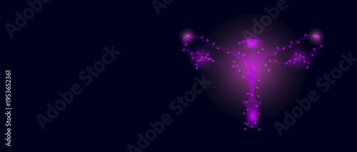 Female reproductive system with uterus and ovaries shown in futuristic low-poly mesh design. Modern medical anatomy concept for gynecology education and health awareness. Vector bg illustration.