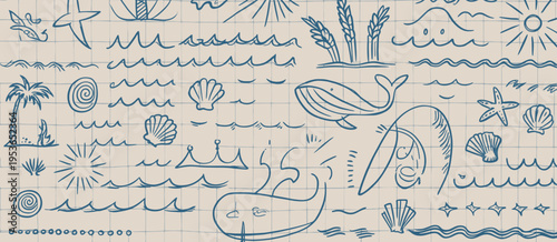 A hand drawn doodle pattern in blue ink featuring ocean waves shells fish and a boat