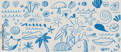 A hand drawn doodle pattern in blue ink featuring tropical and abstract shapes palm trees