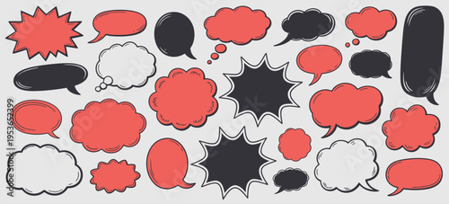 A hand drawn featuring a diverse collection of speech bubbles in red black and white colors