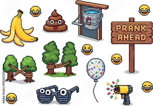 Pixel Art Prank Icons Banana Peel, Poop, Trees, Glasses, Balloon, and More for Fun and Games