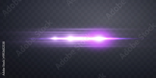 Purple horizontal lensflare. Light flash with rays or violet spotlight and bokeh. Glow flare light effect. Vector illustration. Isolated on dark background.