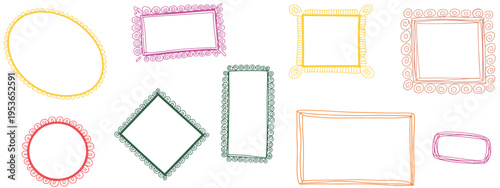 A set of 8 decorative hand drawn frames in various shapes and colors including oval pink and green diamond