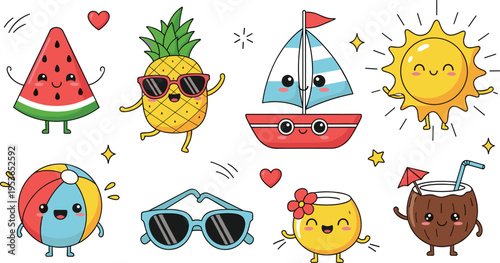 Cute summer vacation characters vector illustration set with sun, fruits, beach items and tropical elements in playful cartoon style